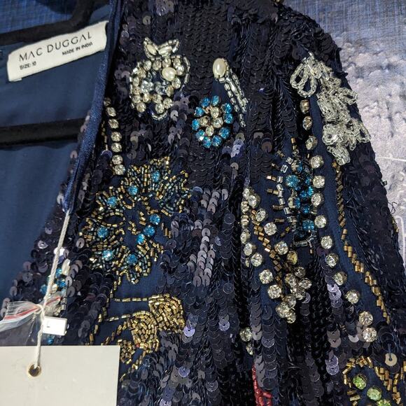 NWT Mac Duggal Embellished Wrap Over Bishop Sleeve Gown Midnight Multi Size 10 - Picture 8 of 11